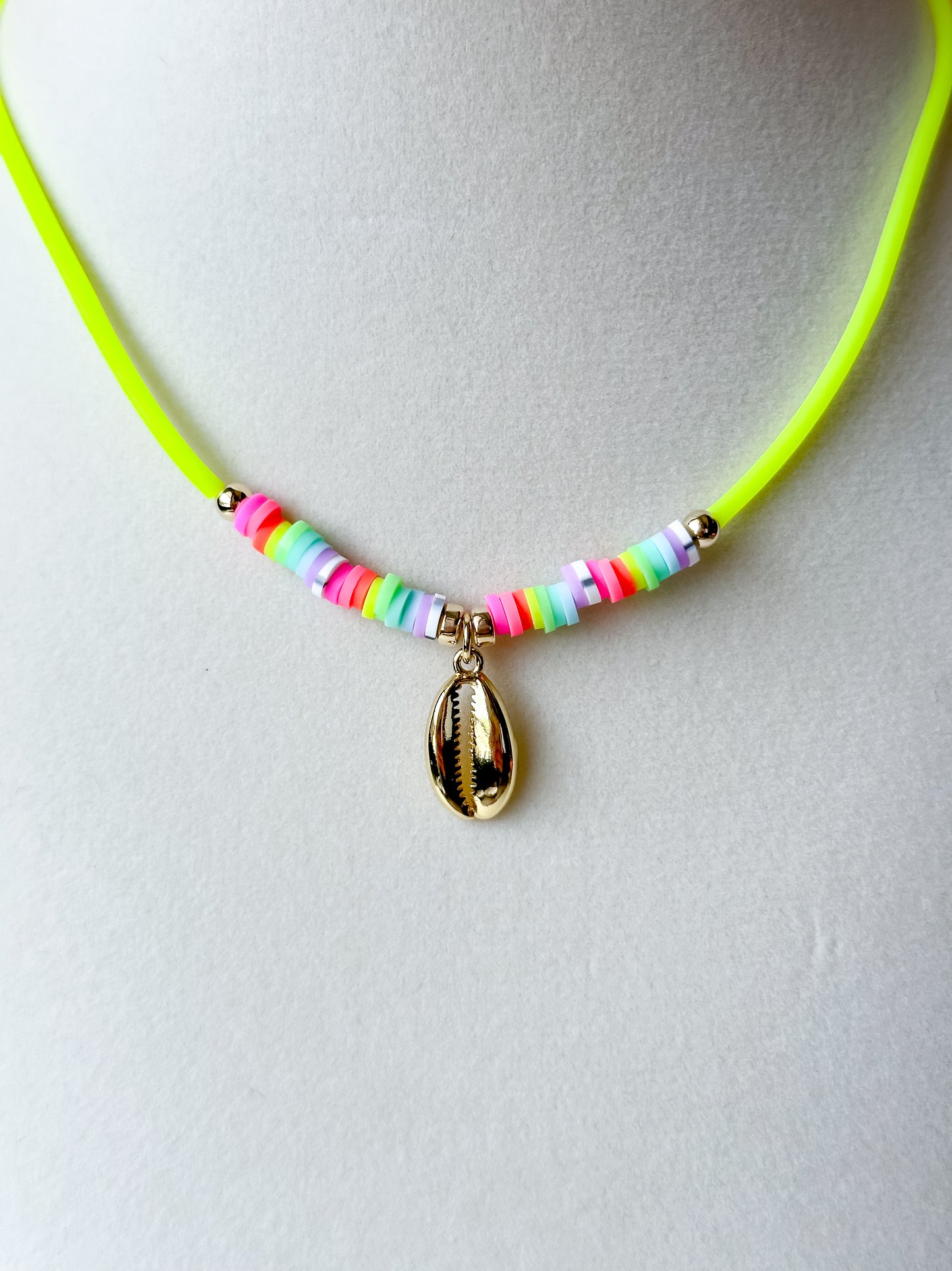 neon heishi gold cowrie shell necklace