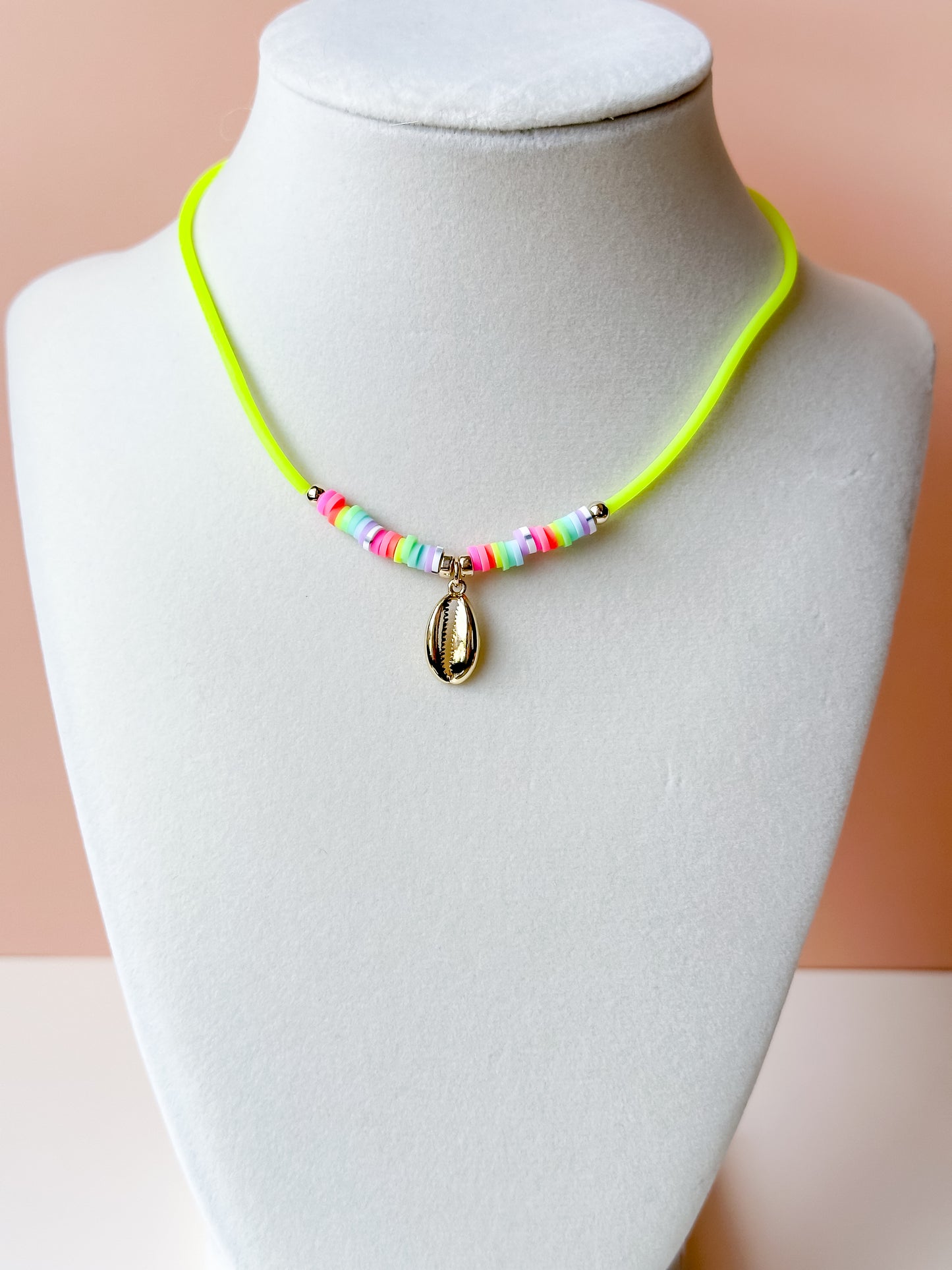 neon heishi gold cowrie shell necklace