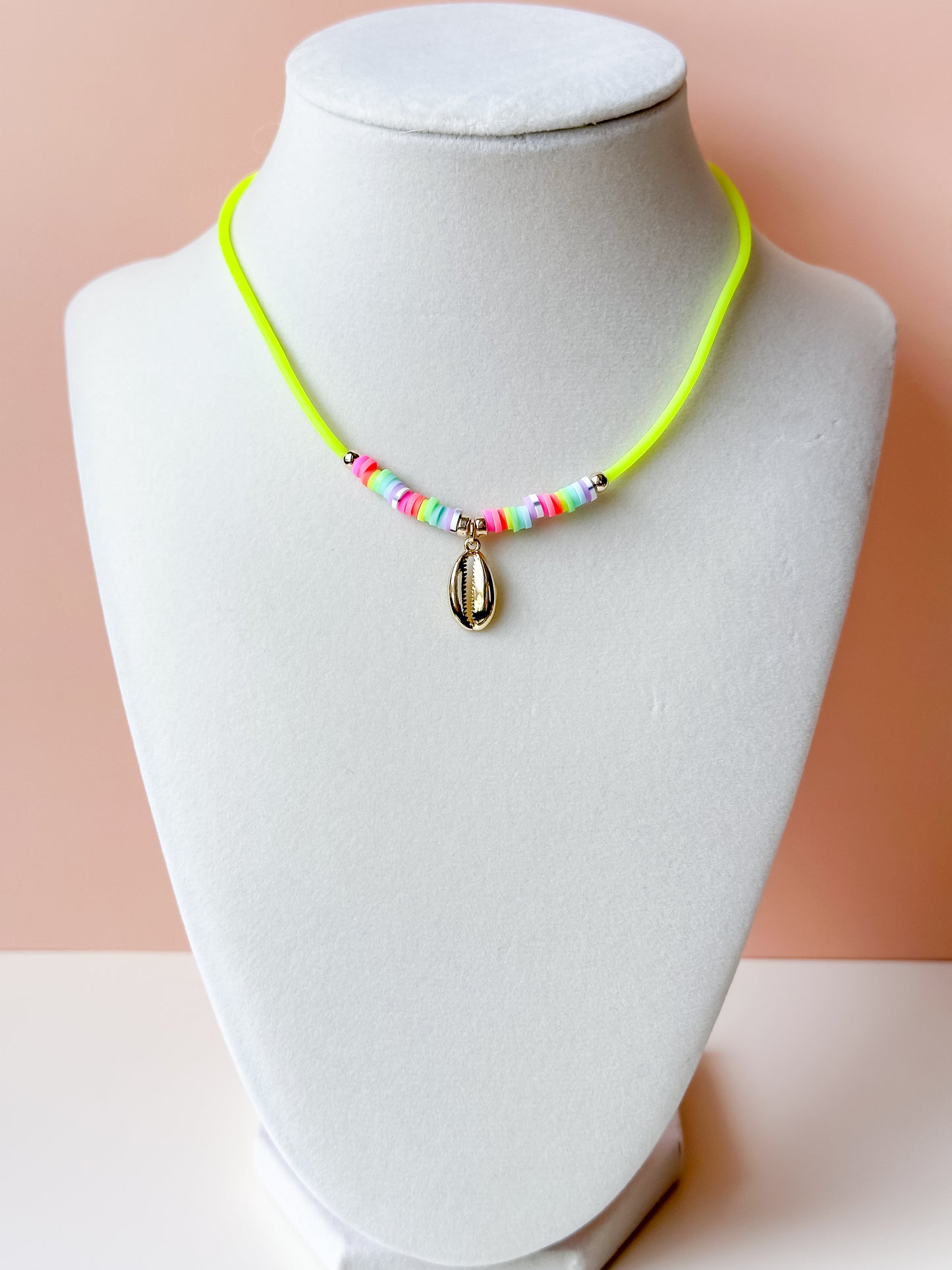 neon heishi gold cowrie shell necklace