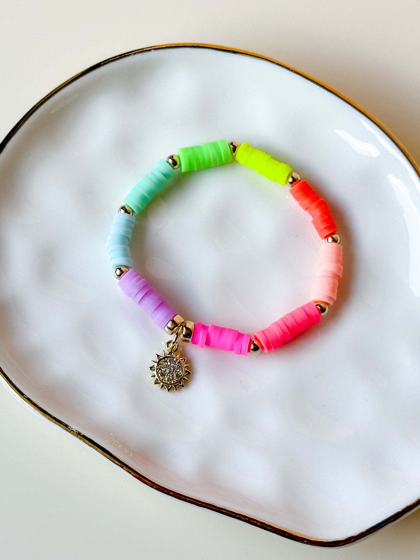 neon rainbow heishi charm bracelet