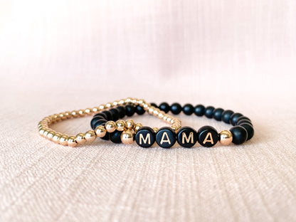 black & rose gold name bracelet stack